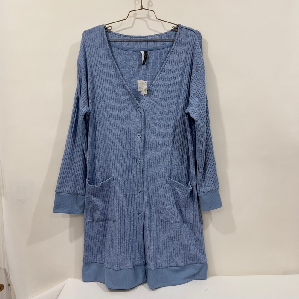 Jaclyn Intimates Ribbed Cardigan Sweater Size Large Heathered Blue Front Pockets